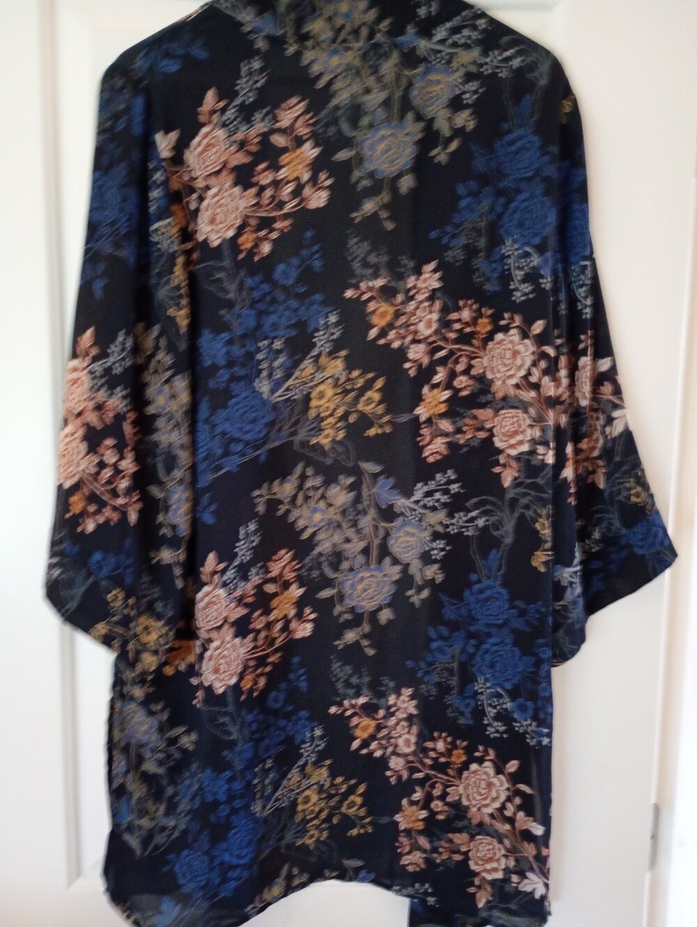 Tahari Navy Floral Open-Front Kimono with Blush and Mustard Accents (L/XL)
